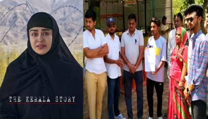 Vishva Hindu Parishad and Bajrang Dal members (right) reached Udai Mandir police station and demanded action after a Bajrang Dal worker was attacked and threatened over uploading The Kerala Story (left) status.