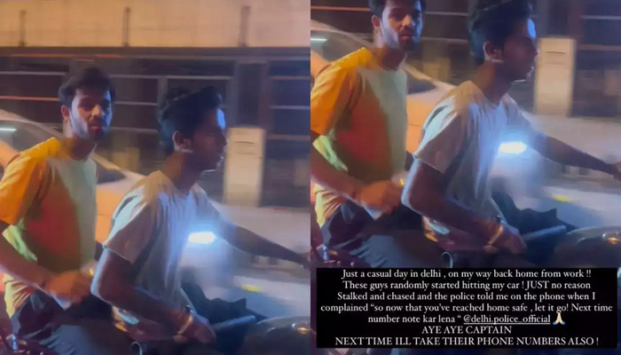 Two stalkers on a two-wheeler chase KKR captain Nitish Rana’s wife Saachi Marwah’s car in Delhi, hit her vehicle