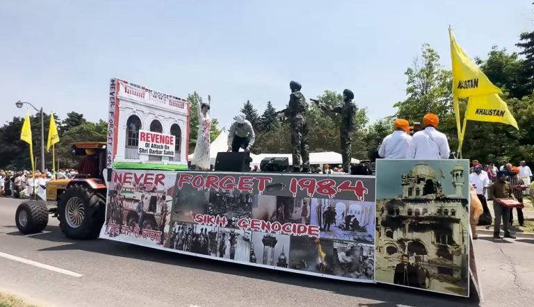 Indira Gandhi’s assassination by Sikh bodyguards flaunted on a tableau with Khalistan flags at Sikh parade in Canada’s Brampton, poster says “revenge”