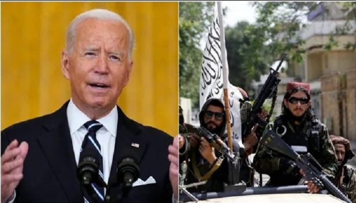 Joe Biden and Afghan Taliban fighters