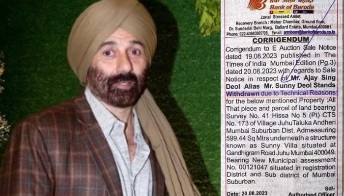 Bank of Baroda withdraws auction notice for Sunny Deol’s Juhu villa citing ‘technical reasons’, Gadar-2 actor says process ongoing for resolving the issue