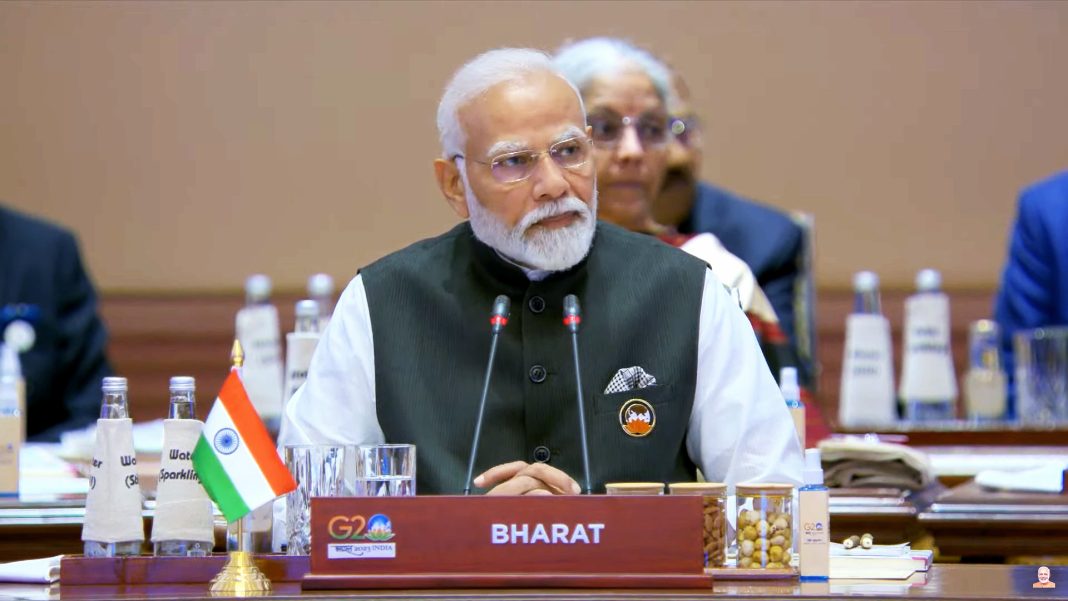 Narendra Modi at G20 with Bharat Nameplate