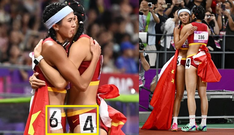 Asian Games: China censors photograph of two Chinese athletes hugging because their lane numbers accidentally refer to Tiananmen Square Massacre