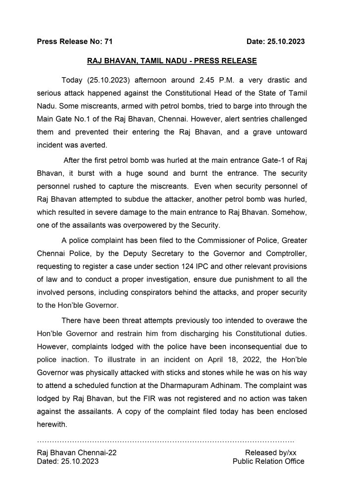 Tamil Nadu Governor RN Ravi alleges inaction by police in Raj Bhavan ...