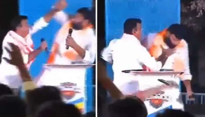 Telangana: BRS MLA K.P. Vivekananda assaults BJP leader Kuna Srisailam Goud and grabs his throat on live TV debate, video goes viral