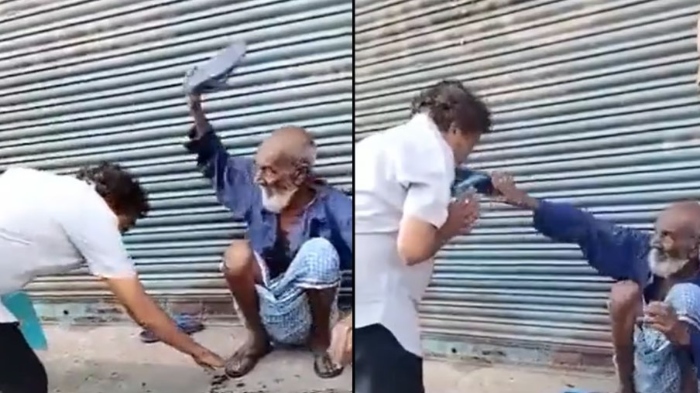 Muslim fakir beats up Congress leader with chappals, as part of giving blessings for assembly elections: Watch