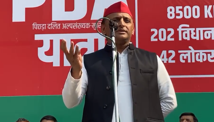 The SP leader addressing a gathering in Etawah.