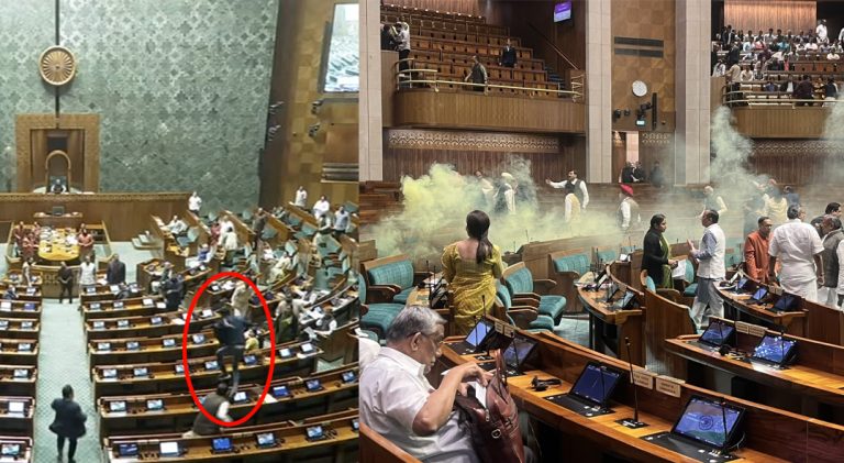 Security breach in Parliament: Two men jump into Lok Sabha from visitors’ gallery and release yellow smoke, detained
