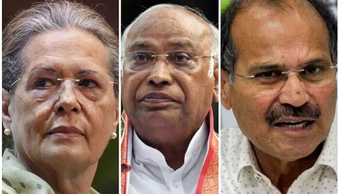 L to R: Sonia Gandhi, Mallikarjun Kharge and Adhir Ranjan Chowdhury