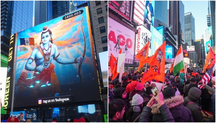 Times Square in New York turns saffron: Chants of ‘Jai Shree Ram’ and beat of dhols fill the air as Hindu devotees gather to celebrate Pran Pratishtha