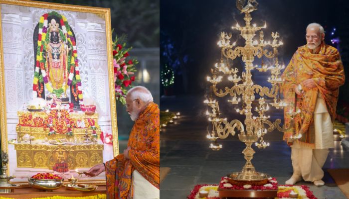PM Modi lights Ram Jyoti at his residence in Delhi after attending Pran Pratishtha ceremony in Ayodhya