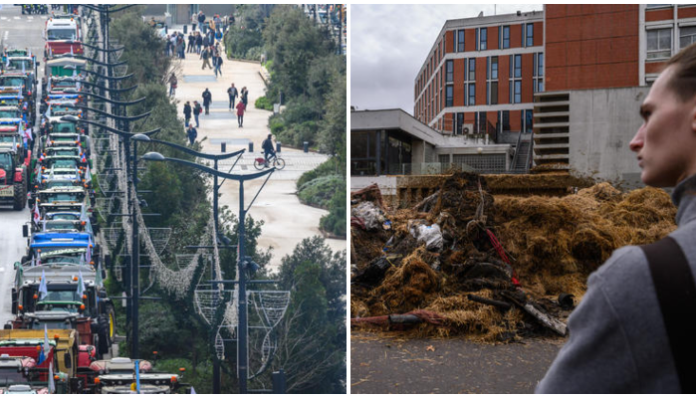 Tractors and other farm vehicles block a main thoroughfare (L) manure and rotten produce dumped on road (R) during farmers protest in France.