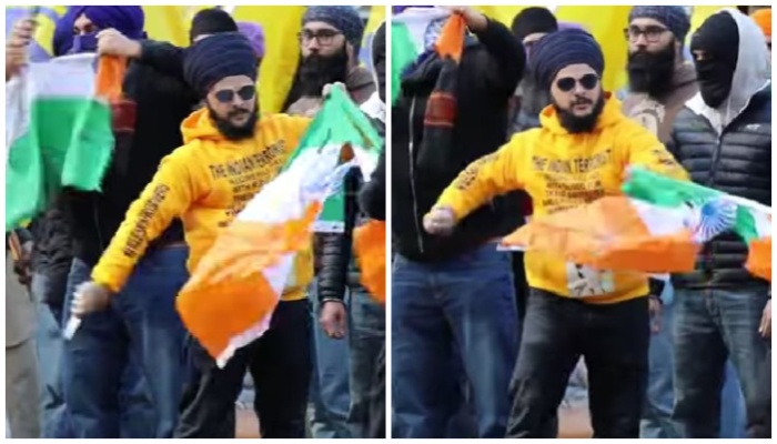 Canada: Members of banned pro-Khalistani outfit SFJ rip apart Indian tricolour, raise anti-India slogans in front of Canadian authorities