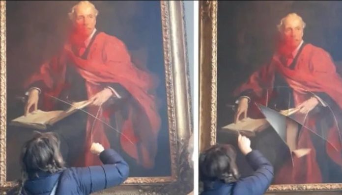 Pro-Palestinian protestor vandalise more than century old painting of Arthur Balfour who supported creation of Israel in United Kingdom's Cambridge University