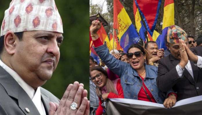 King Gyanendra Shah (L), protesters of Rastriya Prajatantra Party (R).