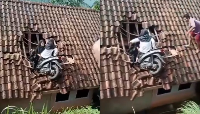Female driver lost control of scooter in indonesia