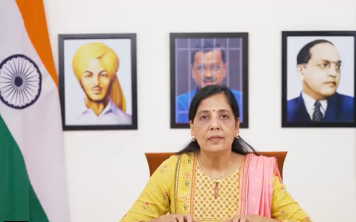 AAP’s latest video: Sunita Kejriwal speaks with fake image of ‘jailed Kejriwal’, her scam-accused husband, displayed with Bhagat Singh and Ambedkar portraits