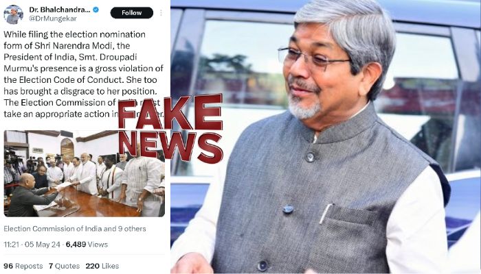 Congress leader BL Mungekar spreads fake news that President Murmu was present when PM Modi filed nomination, claims someone else tweeted it after the lie was caught
