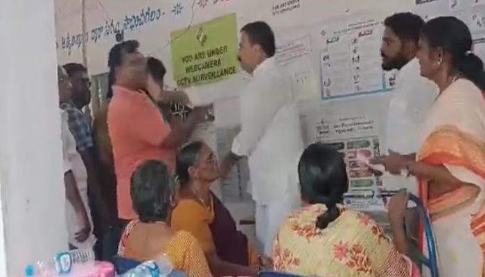 Watch: Voter hits back YSRCP MLA A. Sivakumar after being slapped for objecting to MLA jumping the voting queue in Guntur, gets assaulted by his goons