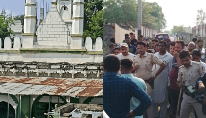 The mosque (L), police talking to the two communities (R).