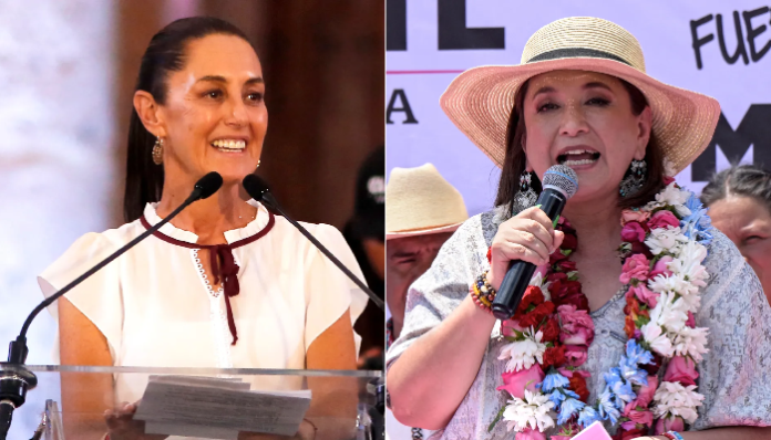 From L: Mexican presidential frontrunners Claudia Sheinbaum and Xóchitl Gálvez at campaign events.