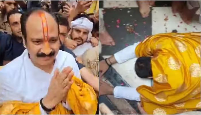 Barsana: Katha Vachak Pradeep Mishra apologises by rubbing his nose on the floor in Ladli Mandir after backlash over his remarks on Radha Rani