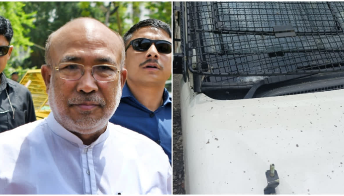 Manipur Chief Minister N Biren Singh's (L) security vehicle (R) that came under attack.