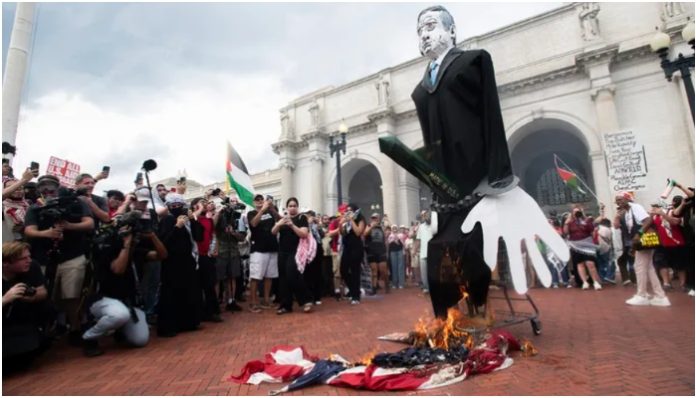 US flags removed, burnt and Palestine flags unfurled, cop dragged by Pro-Palestine supporter: Chaos in US capital Washington DC