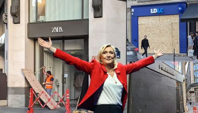 France braces for riots, shopkeepers put up plywood, metal frames to protect shops from theft and vandalism amid threats of left-wing violence as Marine Le Pen’s right National Rally set to win the elections