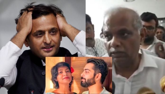 Akhilesh Yadav (L), Father of the girl (R), The couple who committed suicide (Box)