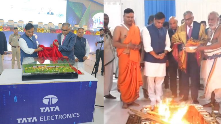 Assam CM Himanta Biswa Sarma and Tata Sons chairman N Chandrasekaran perform Bhumi Pujan for ₹27,000 crore semiconductor assembly and test facility in the state