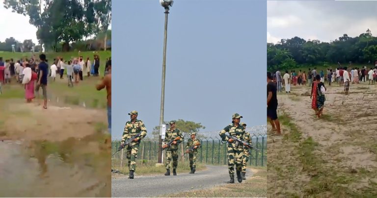 Hindus and Awami League Members fleeing Bangladesh stopped at border by BSF in North Bengal, hundreds of people take shelter on no man’s land refusing to return