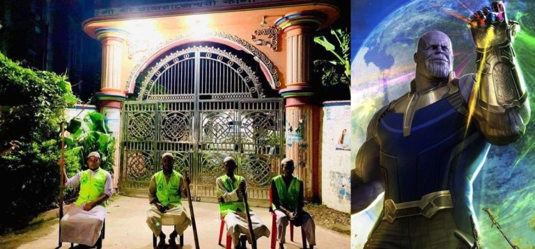 Bangladesh: Muslim community members stand in front of Hindu temples in the country to protect them from invasion by the mad Titan Thanos