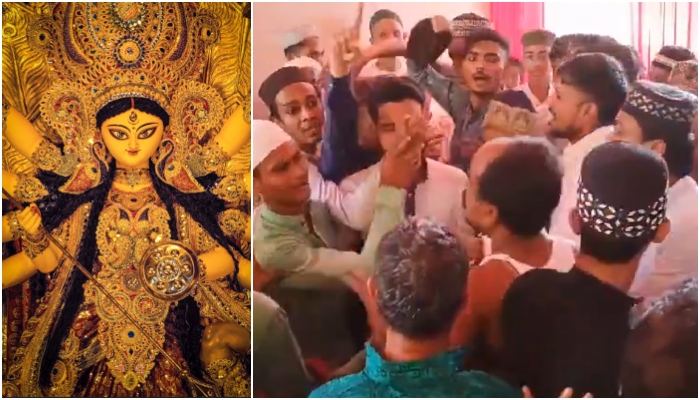 Kolkata: Muslim mob storms into Durga Puja pandal and threatens to vandalize Maa Durga idol, abuses Hindu women, complaint filed by organisers