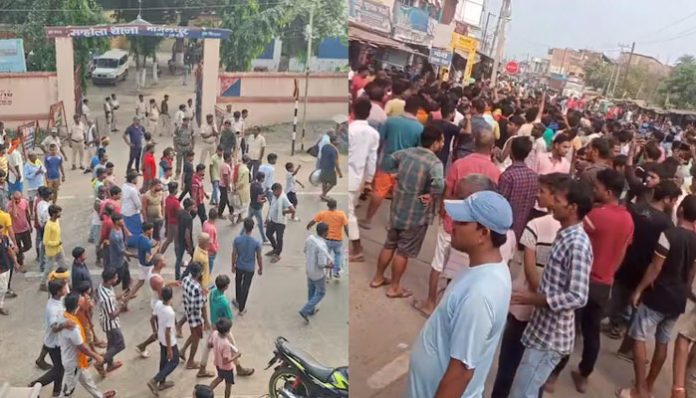 Protesters block roads in Bhagalpur following the vandalism of Shiv Shakti Temple in Sanhaula