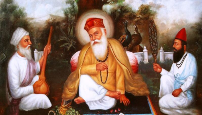 An image of Bhai Bala and Bhai Mardana along with Guru Nanak Dev.
