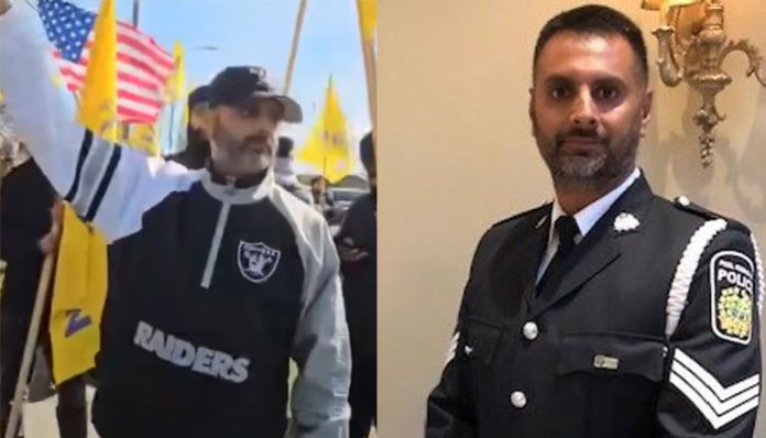 Seargent Harinder Sohi seen protesting with Khalistanis against Indian government and Hindus outside Hindu Sabha Temple in Brampton