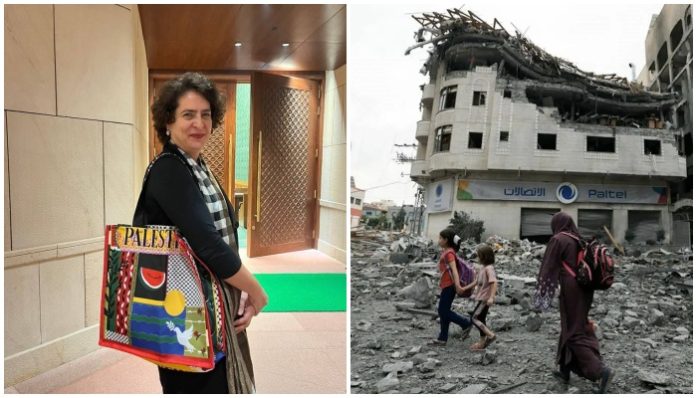 Priyanka Gandhi with her bag, civilians in Gaza