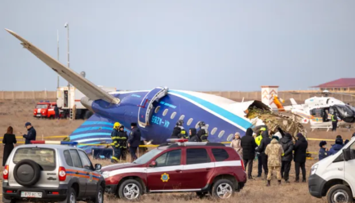 Emergency personnel are on the scene of the Azerbaijan Airlines passenger plane crash.
