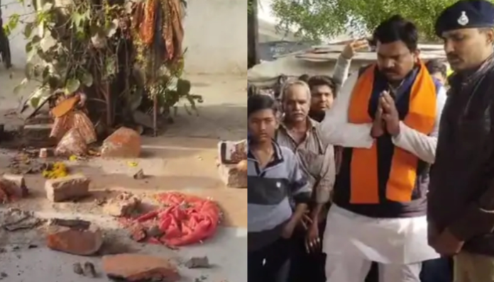 BJP MP at the vandalised temple.