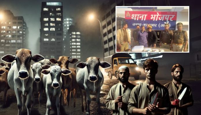 Police arrest Mursaleen, Hasnain, Yameen, Zeeshan, and Junaid involved in illegal cow slaughter racket in Bhojpur