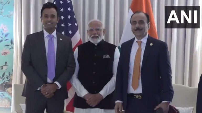 Prime Minister Narendra Modi meets Indian-origin entrepreneur Vivek Ramaswamy at Blair House during his US visit
