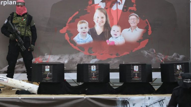 Hamas holds a grotesque exhibition of coffins carrying the remains of 4 Israeli hostages including 2 kids, Israel claims one body does not match with any hostage