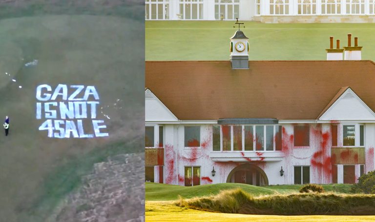 Pro-Palestine group vandalises Donald Trump’s golf course in Scotland, paint “Gaza is not for sale” on the greens in response to his ‘Gaza Riviera’ plan