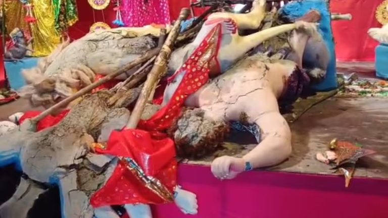 West Bengal: Basanti Puja pandal set on fire in Gobardanga ahead of Ram Navami, main idol falls down, angry locals block roads