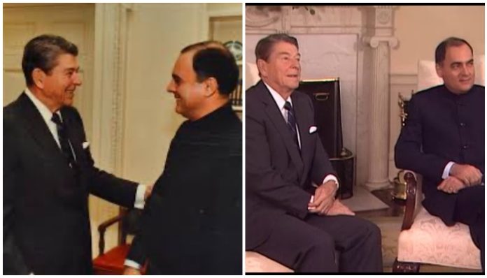 Rajiv Gandhi with former US president Ronald Reagan