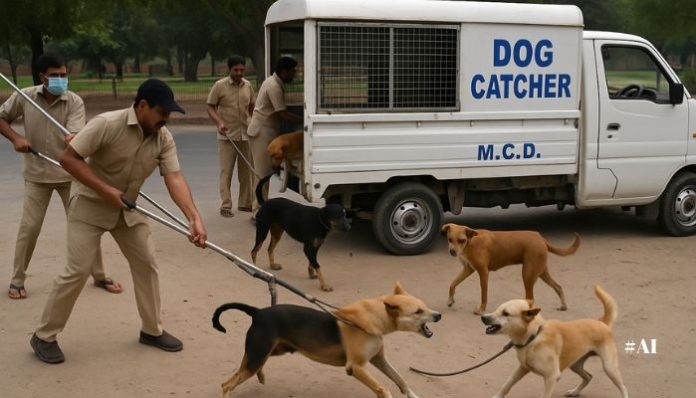 MCD workers catch stray dogs near Red Fort as part of Delhi stray dog crackdown before Independence Day celebrations