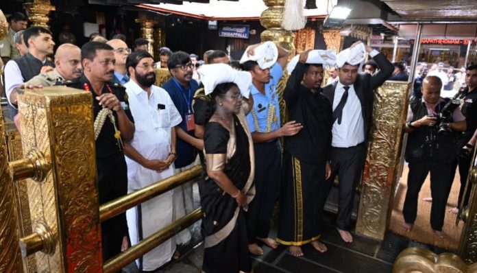 President Droupadi Murmu performs rituals and offers prayers at Sabarimala temple in Kerala after completing the irumudi kettu at Pampa.