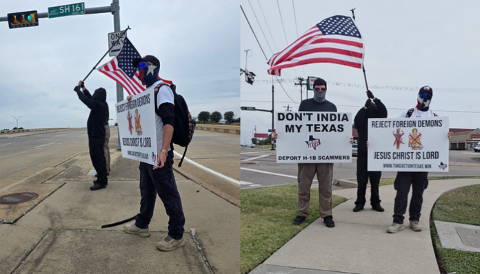 Masked men displayed Hinduphobic banners in Texas.