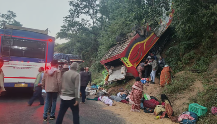 Nine passengers are killed and twenty-two are injured when a private bus slides off the road in Andhra Pradesh.